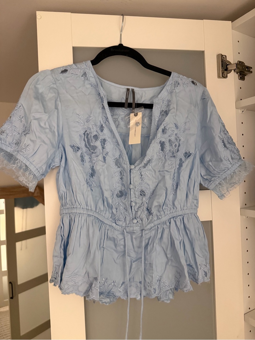 Anthropologie Light Blue Embroidered Peplum Blouse